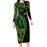 New Zealand Koru Plants and Pohutukawa Long Sleeve Bodycon Dress Maori Tattoo Pattern LT03 Long Dress Black - Polynesian Pride