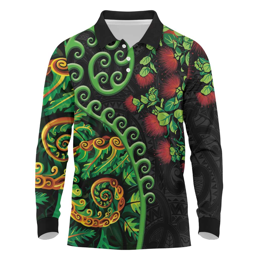 New Zealand Koru Plants and Pohutukawa Long Sleeve Polo Shirt Maori Tattoo Pattern LT03 Black - Polynesian Pride