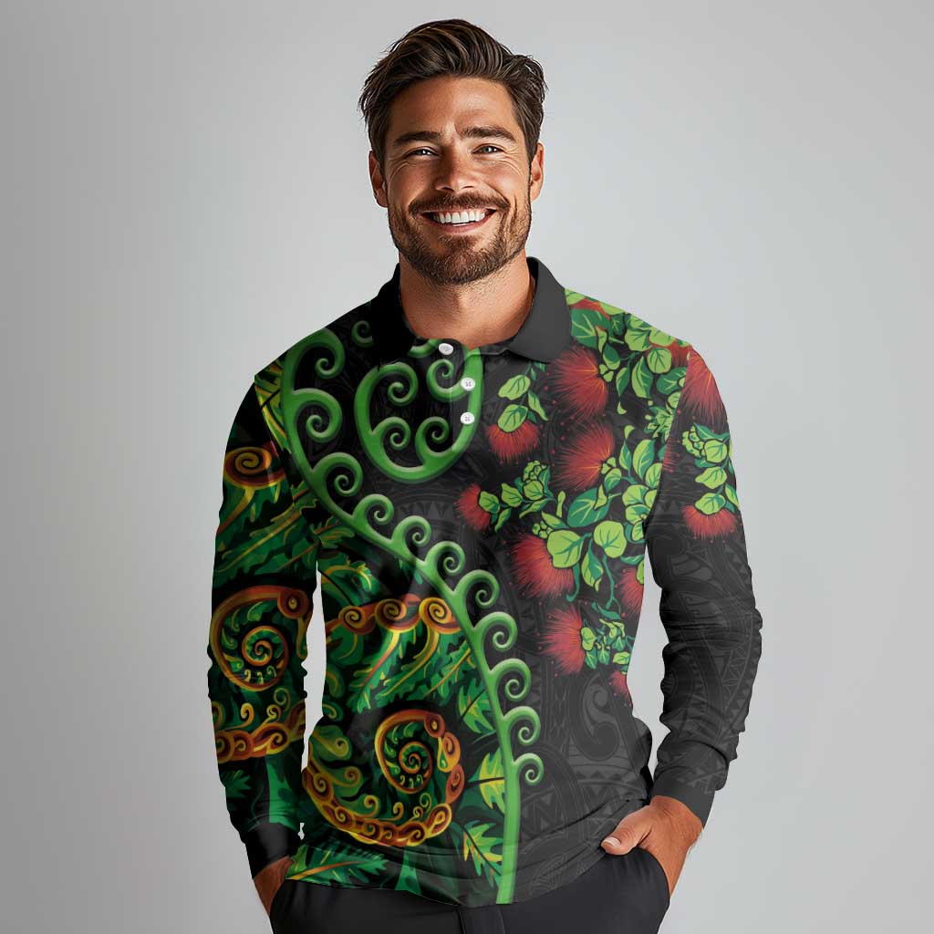 New Zealand Koru Plants and Pohutukawa Long Sleeve Polo Shirt Maori Tattoo Pattern LT03 - Polynesian Pride