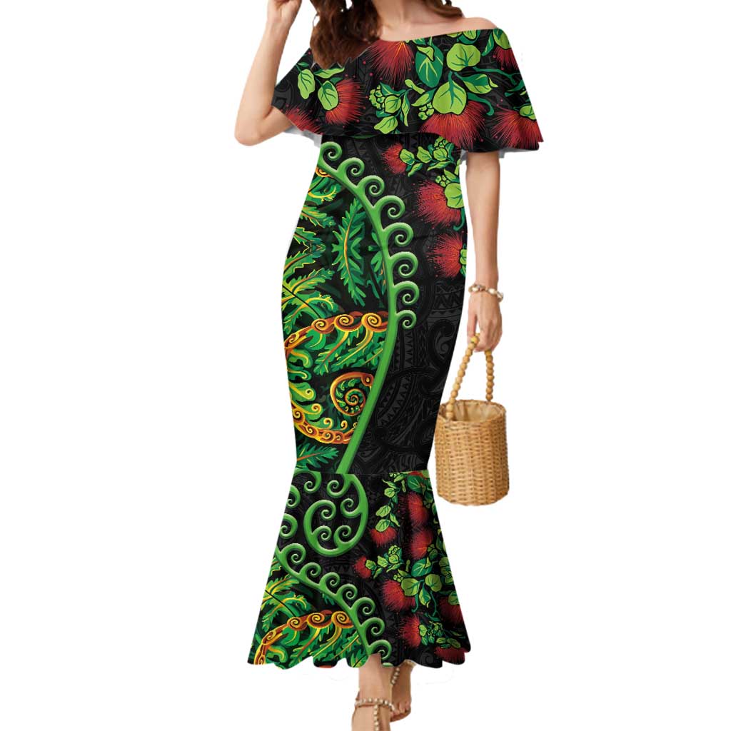New Zealand Koru Plants and Pohutukawa Mermaid Dress Maori Tattoo Pattern LT03 Women Black - Polynesian Pride