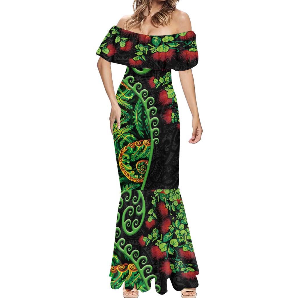 New Zealand Koru Plants and Pohutukawa Mermaid Dress Maori Tattoo Pattern LT03 - Polynesian Pride