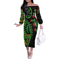 New Zealand Koru Plants and Pohutukawa Off The Shoulder Long Sleeve Dress Maori Tattoo Pattern LT03 Women Black - Polynesian Pride