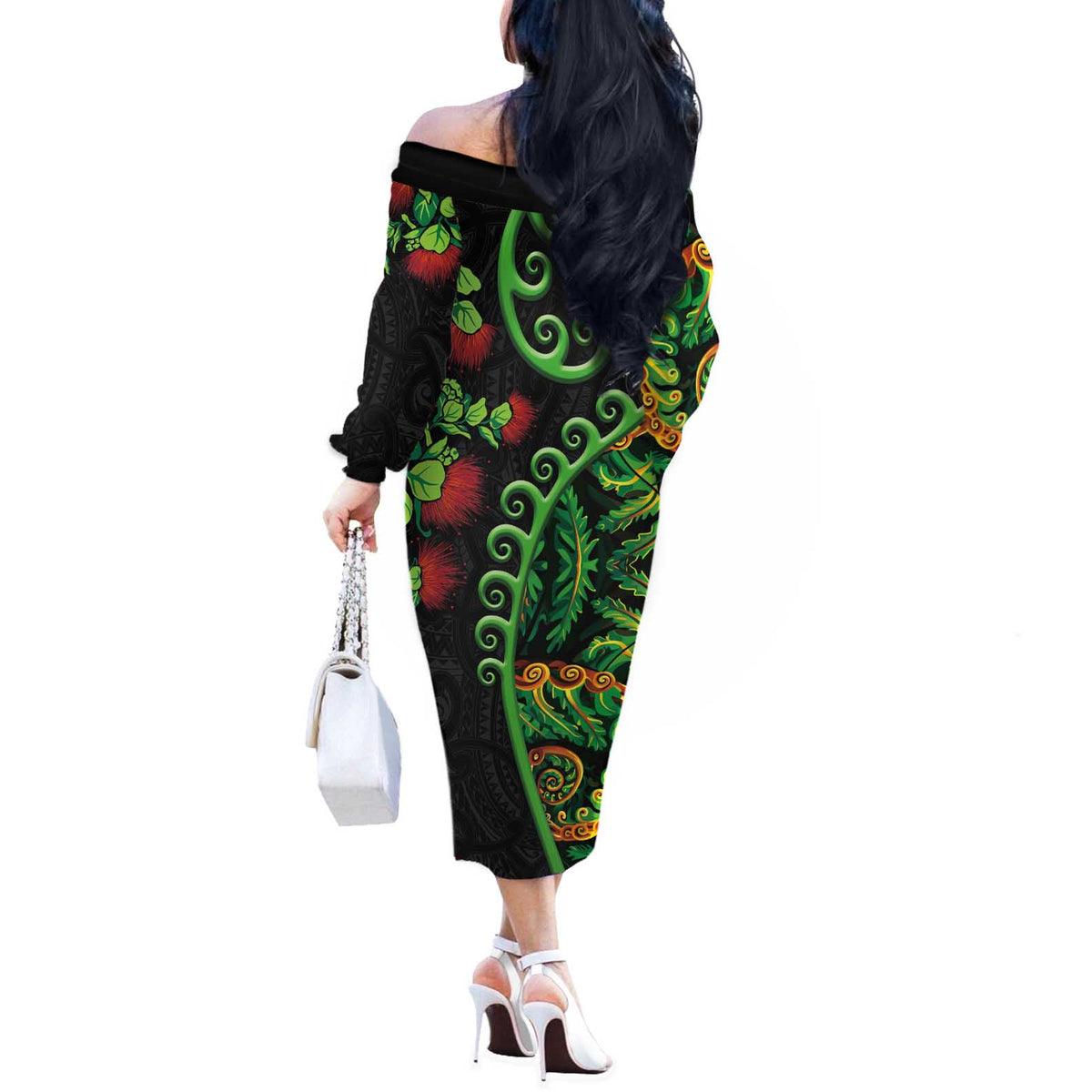 New Zealand Koru Plants and Pohutukawa Off The Shoulder Long Sleeve Dress Maori Tattoo Pattern LT03 - Polynesian Pride