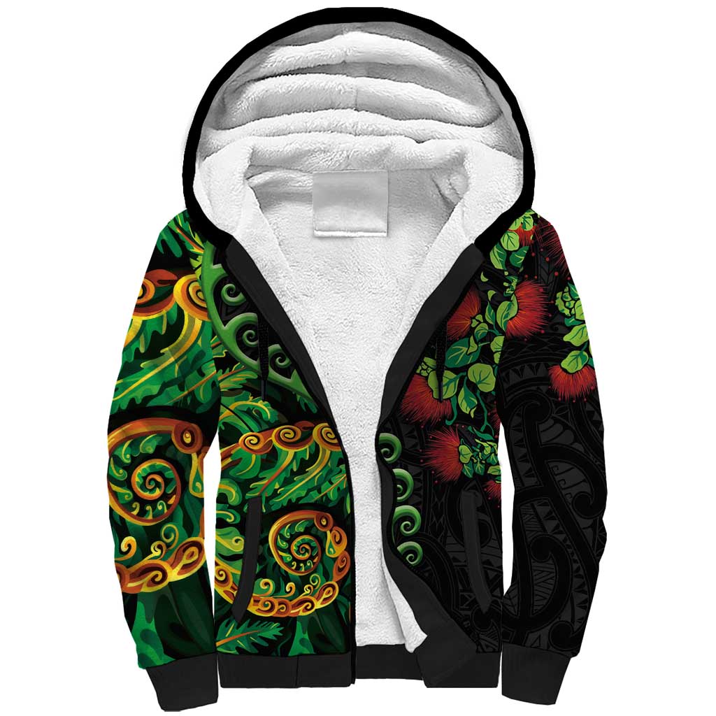 New Zealand Koru Plants and Pohutukawa Sherpa Hoodie Maori Tattoo Pattern LT03 Unisex Black - Polynesian Pride
