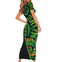 New Zealand Koru Plants and Pohutukawa Short Sleeve Bodycon Dress Maori Tattoo Pattern LT03 - Polynesian Pride