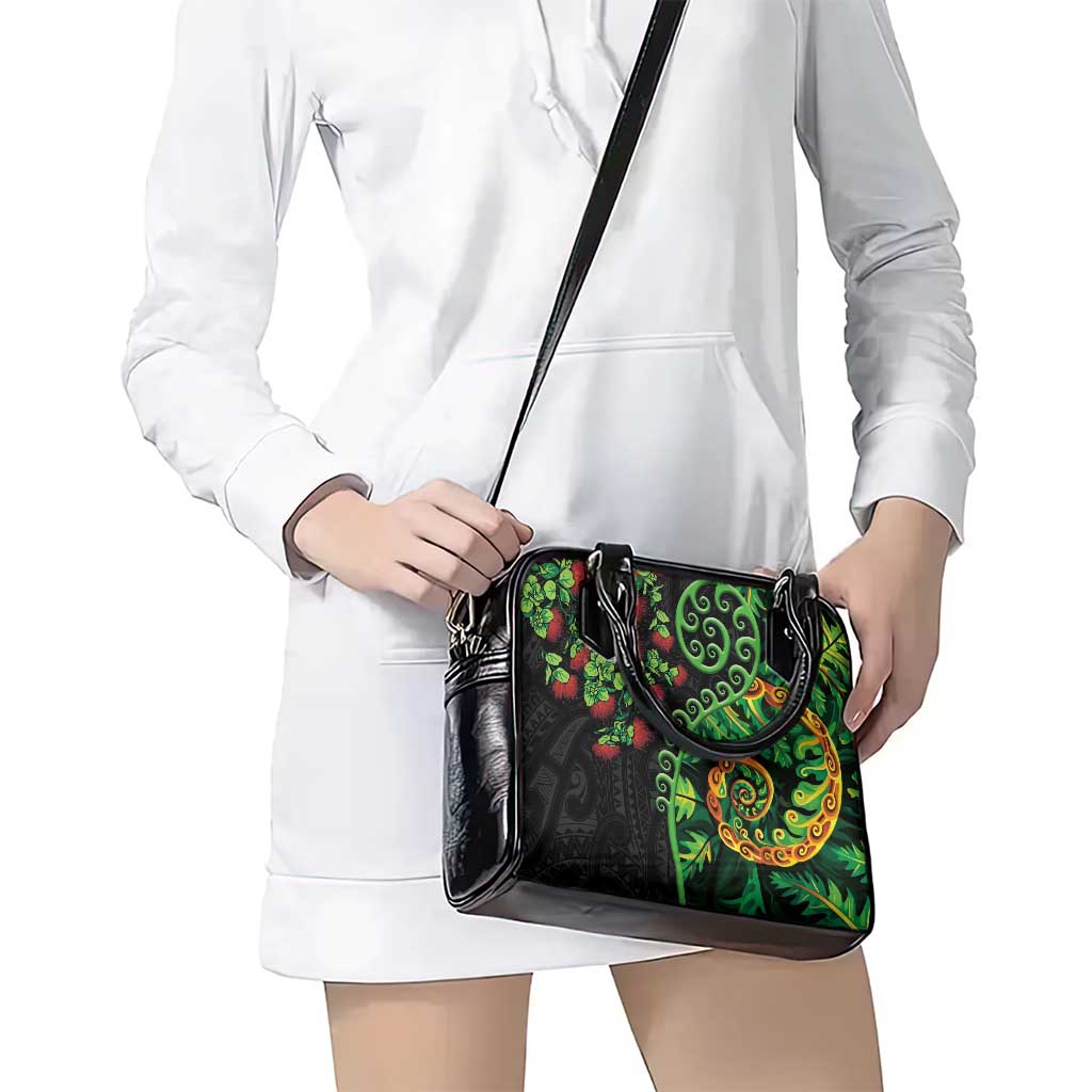New Zealand Koru Plants and Pohutukawa Shoulder Handbag Maori Tattoo Pattern