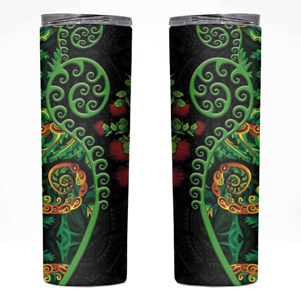 New Zealand Koru Plants and Pohutukawa Skinny Tumbler Maori Tattoo Pattern LT03 Black - Polynesian Pride