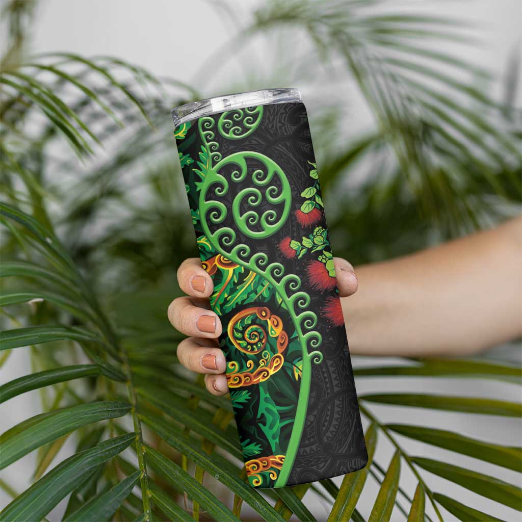 New Zealand Koru Plants and Pohutukawa Skinny Tumbler Maori Tattoo Pattern LT03 - Polynesian Pride