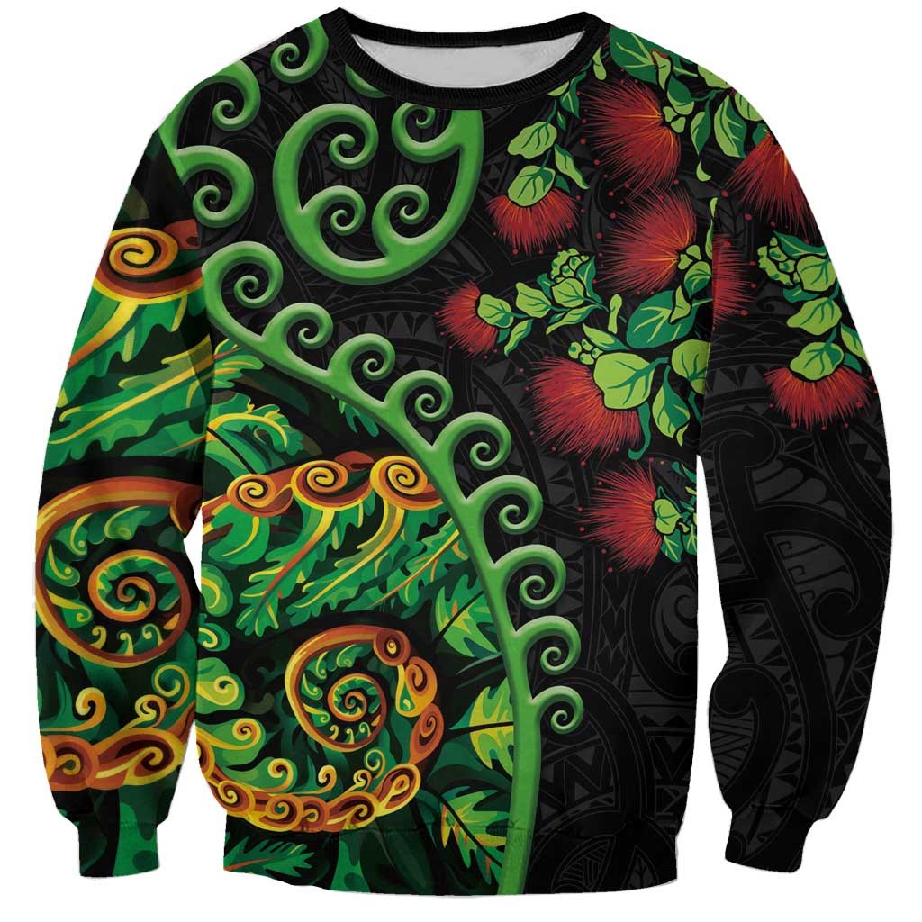 New Zealand Koru Plants and Pohutukawa Sweatshirt Maori Tattoo Pattern LT03 Unisex Black - Polynesian Pride