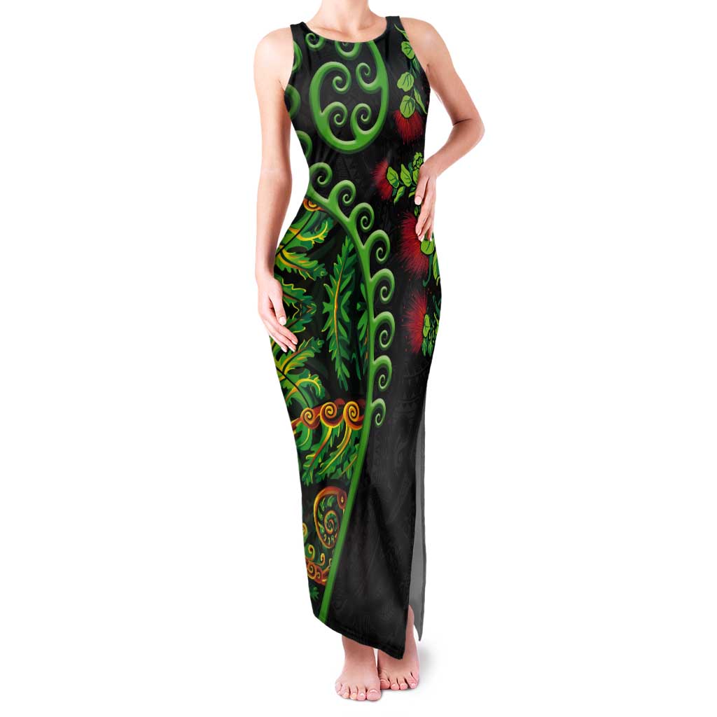 New Zealand Koru Plants and Pohutukawa Tank Maxi Dress Maori Tattoo Pattern LT03 Women Black - Polynesian Pride