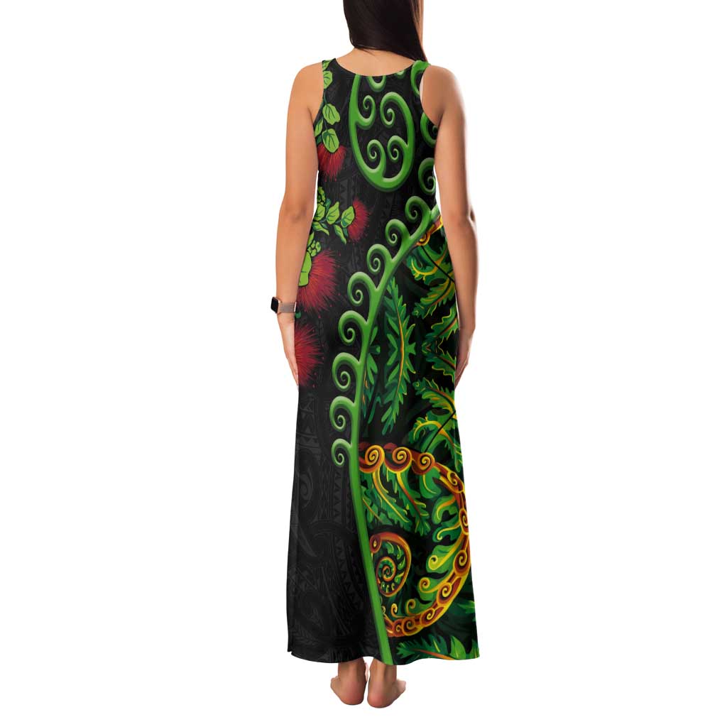 New Zealand Koru Plants and Pohutukawa Tank Maxi Dress Maori Tattoo Pattern LT03 - Polynesian Pride