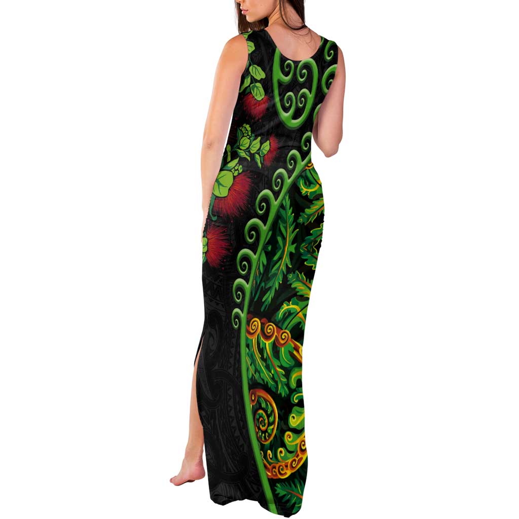 New Zealand Koru Plants and Pohutukawa Tank Maxi Dress Maori Tattoo Pattern LT03 - Polynesian Pride