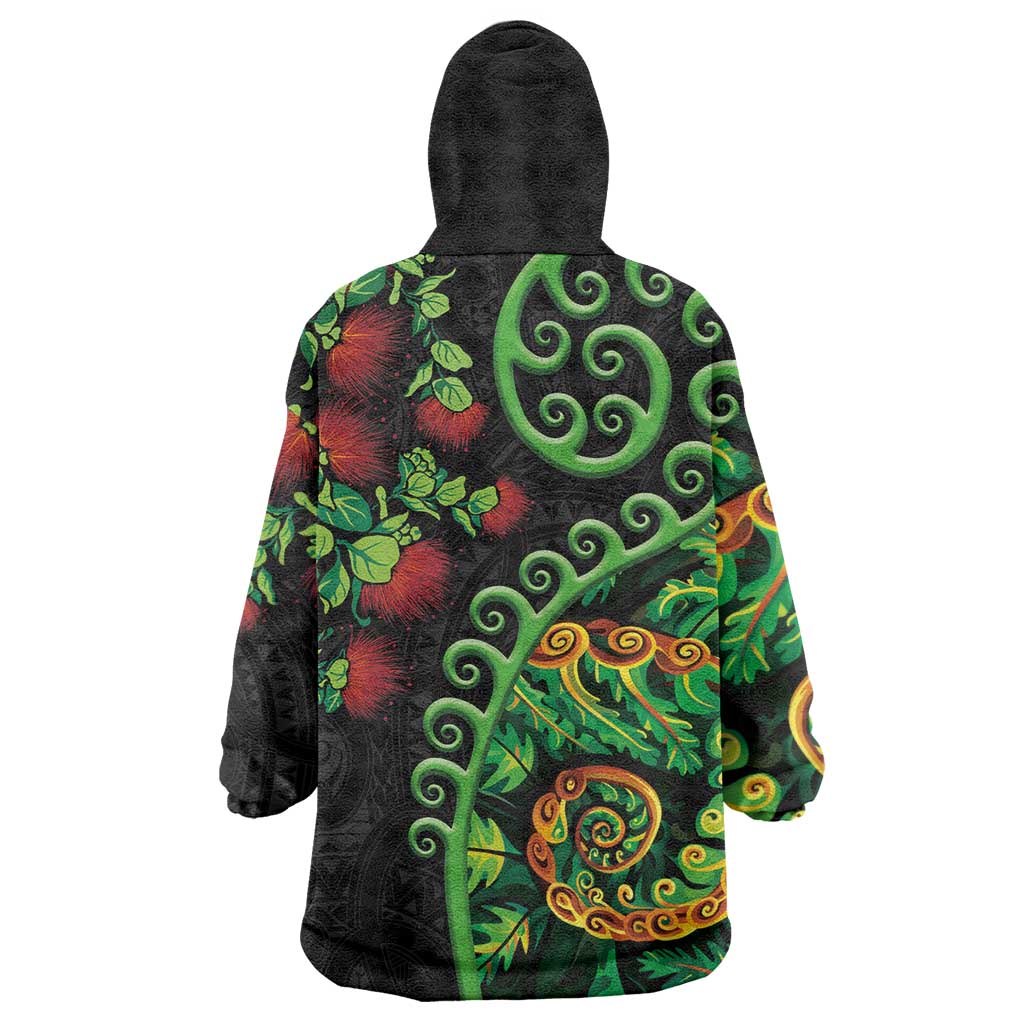 New Zealand Koru Plants and Pohutukawa Wearable Blanket Hoodie Maori Tattoo Pattern LT03 - Polynesian Pride