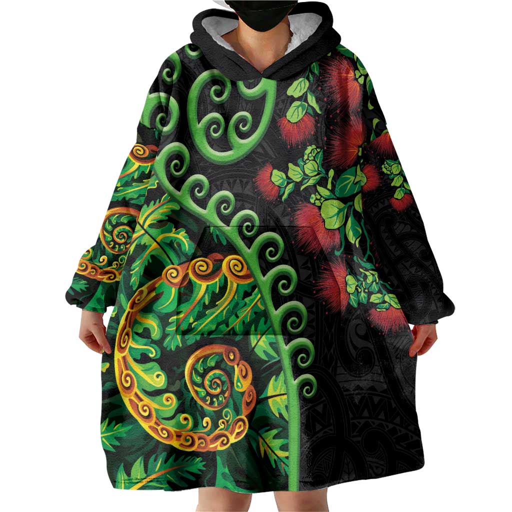 New Zealand Koru Plants and Pohutukawa Wearable Blanket Hoodie Maori Tattoo Pattern LT03 - Polynesian Pride