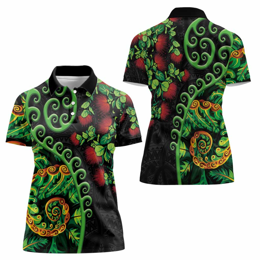 New Zealand Koru Plants and Pohutukawa Women Polo Shirt Maori Tattoo Pattern LT03 - Polynesian Pride