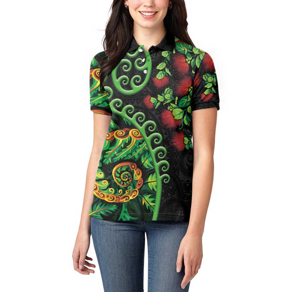 New Zealand Koru Plants and Pohutukawa Women Polo Shirt Maori Tattoo Pattern LT03 - Polynesian Pride