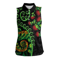 New Zealand Koru Plants and Pohutukawa Women Sleeveless Polo Shirt Maori Tattoo Pattern LT03 Female Black - Polynesian Pride