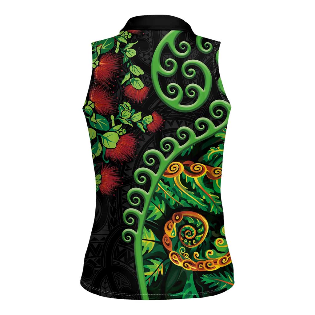 New Zealand Koru Plants and Pohutukawa Women Sleeveless Polo Shirt Maori Tattoo Pattern LT03 - Polynesian Pride