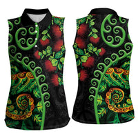New Zealand Koru Plants and Pohutukawa Women Sleeveless Polo Shirt Maori Tattoo Pattern LT03 - Polynesian Pride