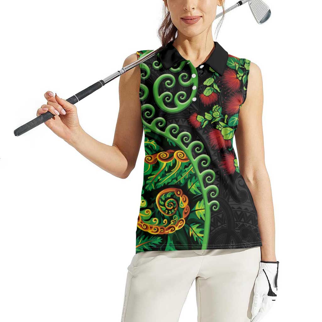 New Zealand Koru Plants and Pohutukawa Women Sleeveless Polo Shirt Maori Tattoo Pattern LT03 - Polynesian Pride