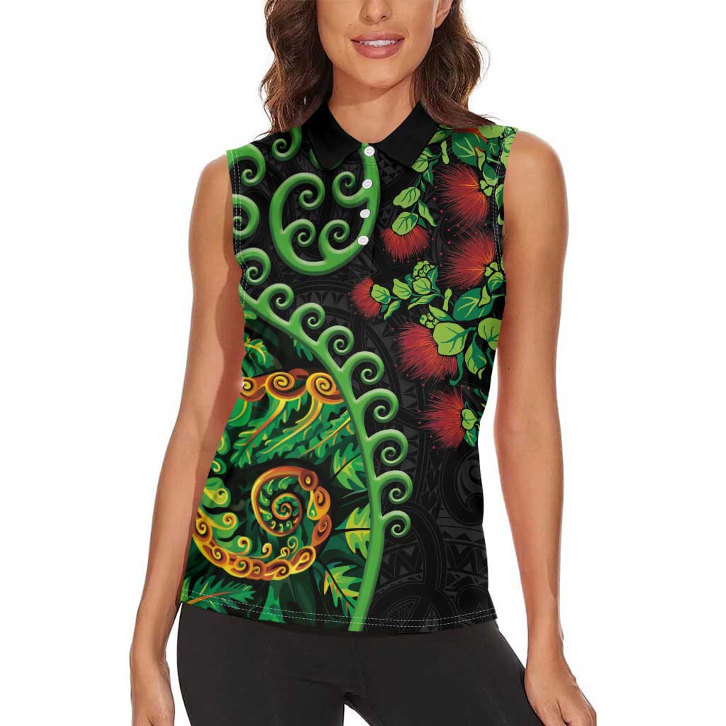 New Zealand Koru Plants and Pohutukawa Women Sleeveless Polo Shirt Maori Tattoo Pattern LT03 - Polynesian Pride