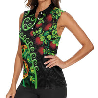 New Zealand Koru Plants and Pohutukawa Women Sleeveless Polo Shirt Maori Tattoo Pattern LT03 - Polynesian Pride