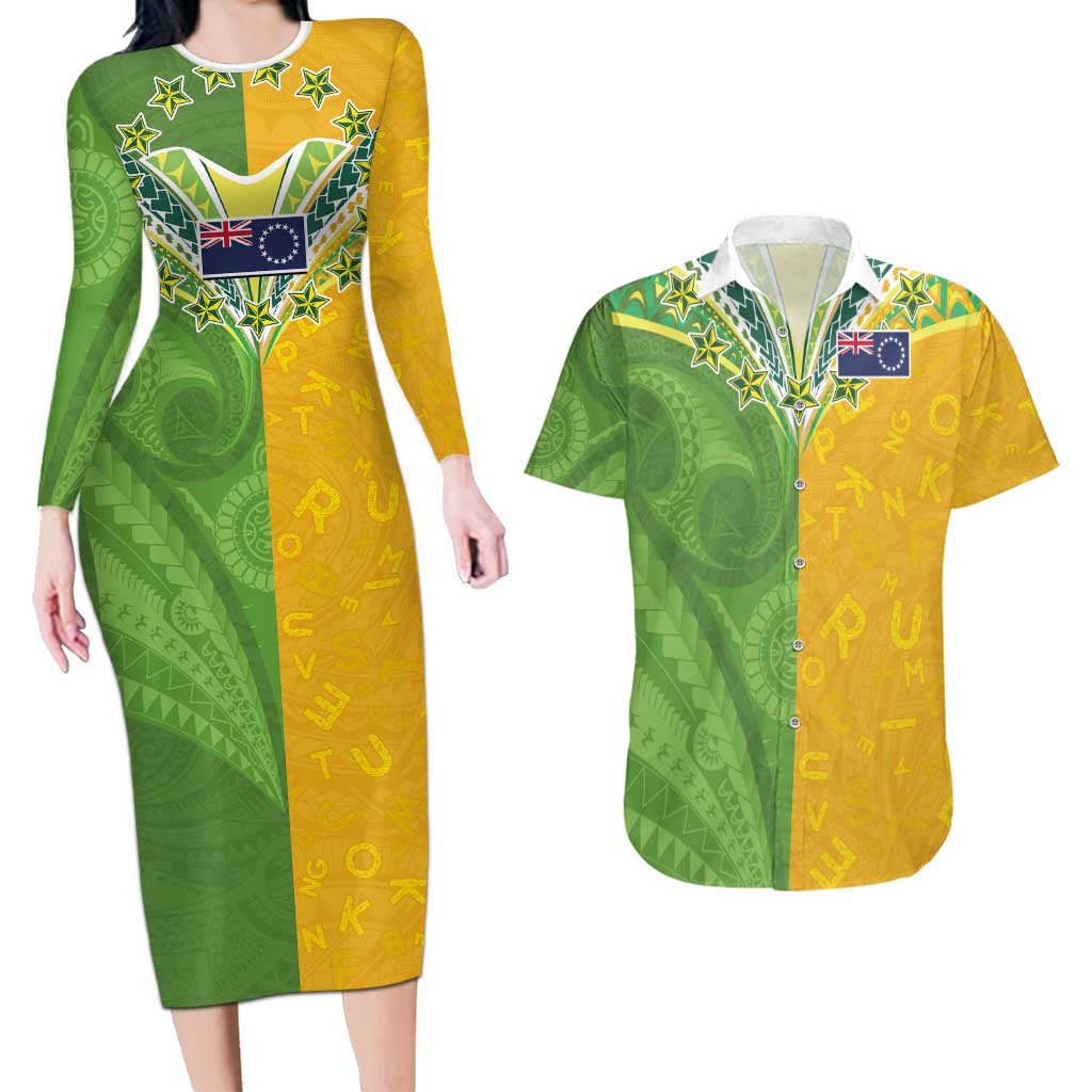 Cook Islands Language Week Couples Matching Long Sleeve Bodycon Dress and Hawaiian Shirt Tatau Pattern and Rarotongan Alphabet LT03 Green - Polynesian Pride