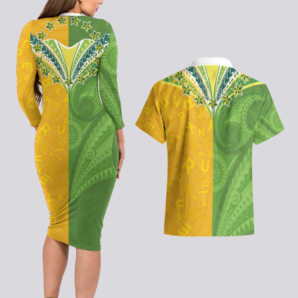Cook Islands Language Week Couples Matching Long Sleeve Bodycon Dress and Hawaiian Shirt Tatau Pattern and Rarotongan Alphabet LT03 - Polynesian Pride