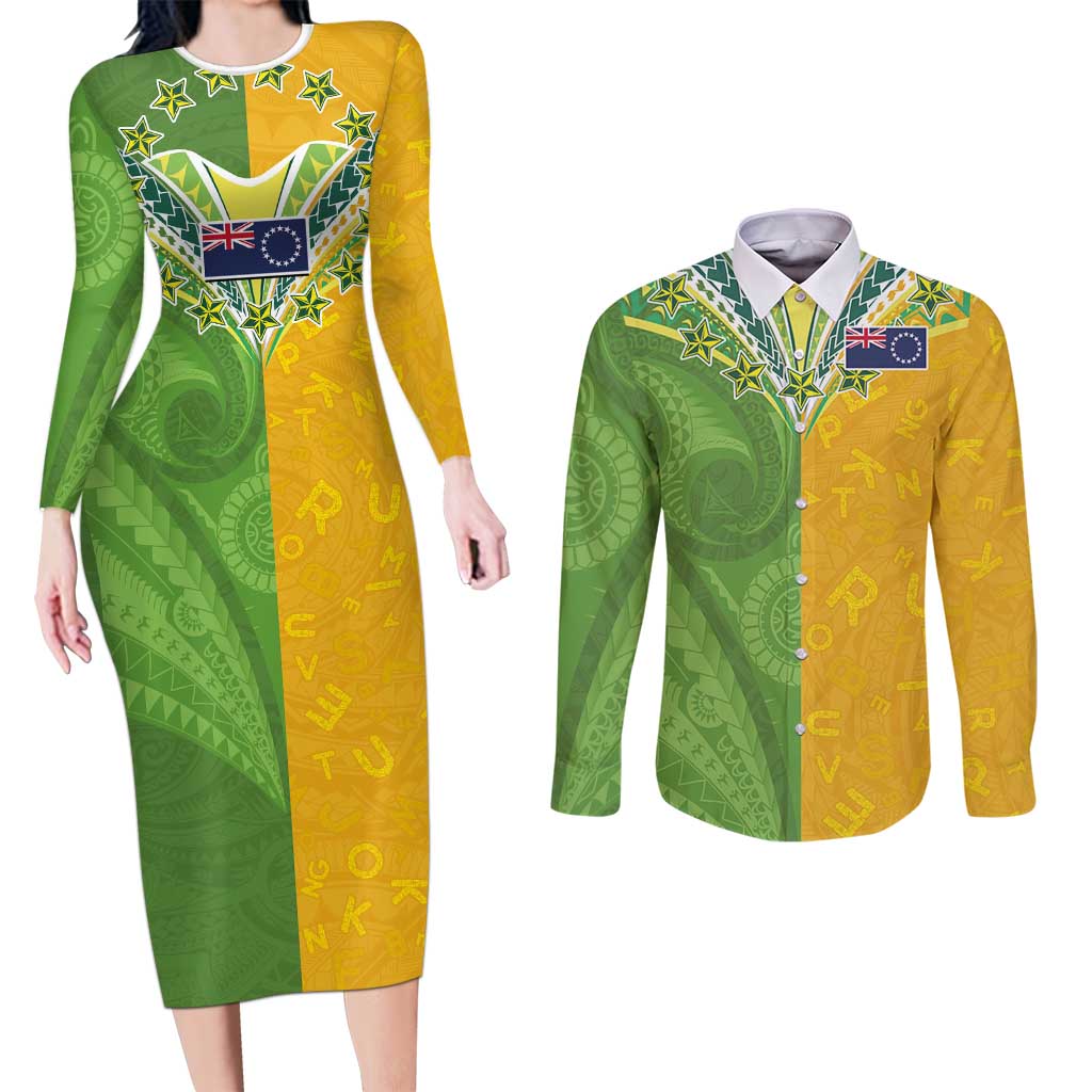 Cook Islands Language Week Couples Matching Long Sleeve Bodycon Dress and Long Sleeve Button Shirt Tatau Pattern and Rarotongan Alphabet LT03 Green - Polynesian Pride