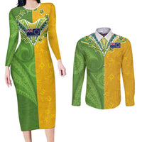 Cook Islands Language Week Couples Matching Long Sleeve Bodycon Dress and Long Sleeve Button Shirt Tatau Pattern and Rarotongan Alphabet LT03 Green - Polynesian Pride