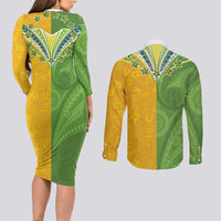 Cook Islands Language Week Couples Matching Long Sleeve Bodycon Dress and Long Sleeve Button Shirt Tatau Pattern and Rarotongan Alphabet LT03 - Polynesian Pride