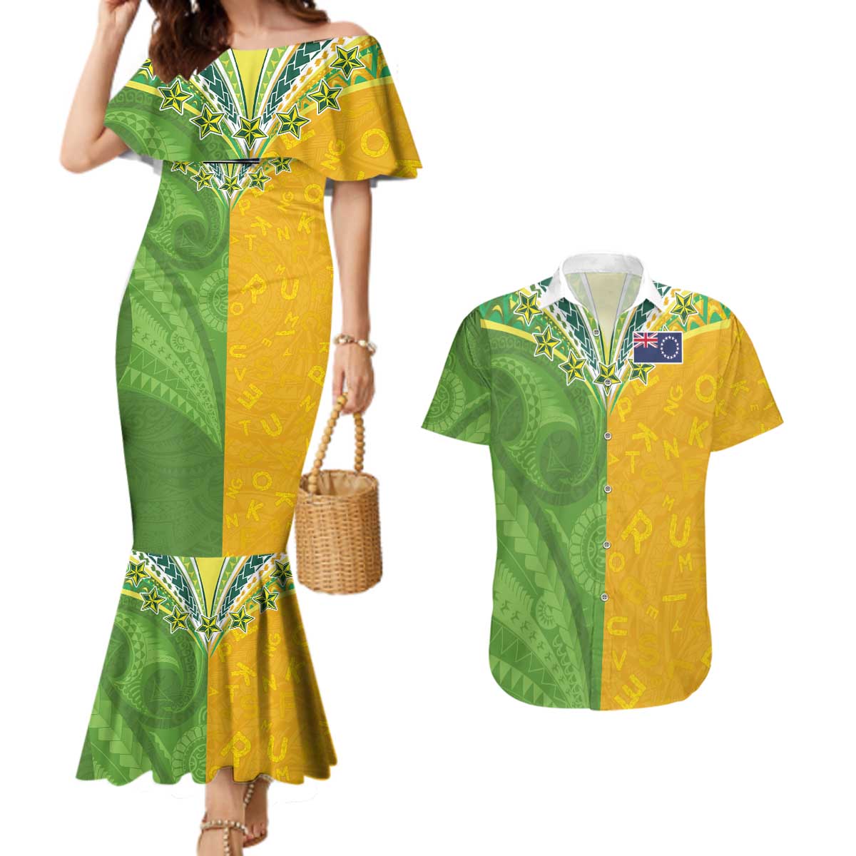 Cook Islands Language Week Couples Matching Mermaid Dress and Hawaiian Shirt Tatau Pattern and Rarotongan Alphabet LT03 Green - Polynesian Pride