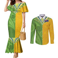 Cook Islands Language Week Couples Matching Mermaid Dress and Long Sleeve Button Shirt Tatau Pattern and Rarotongan Alphabet LT03 Green - Polynesian Pride