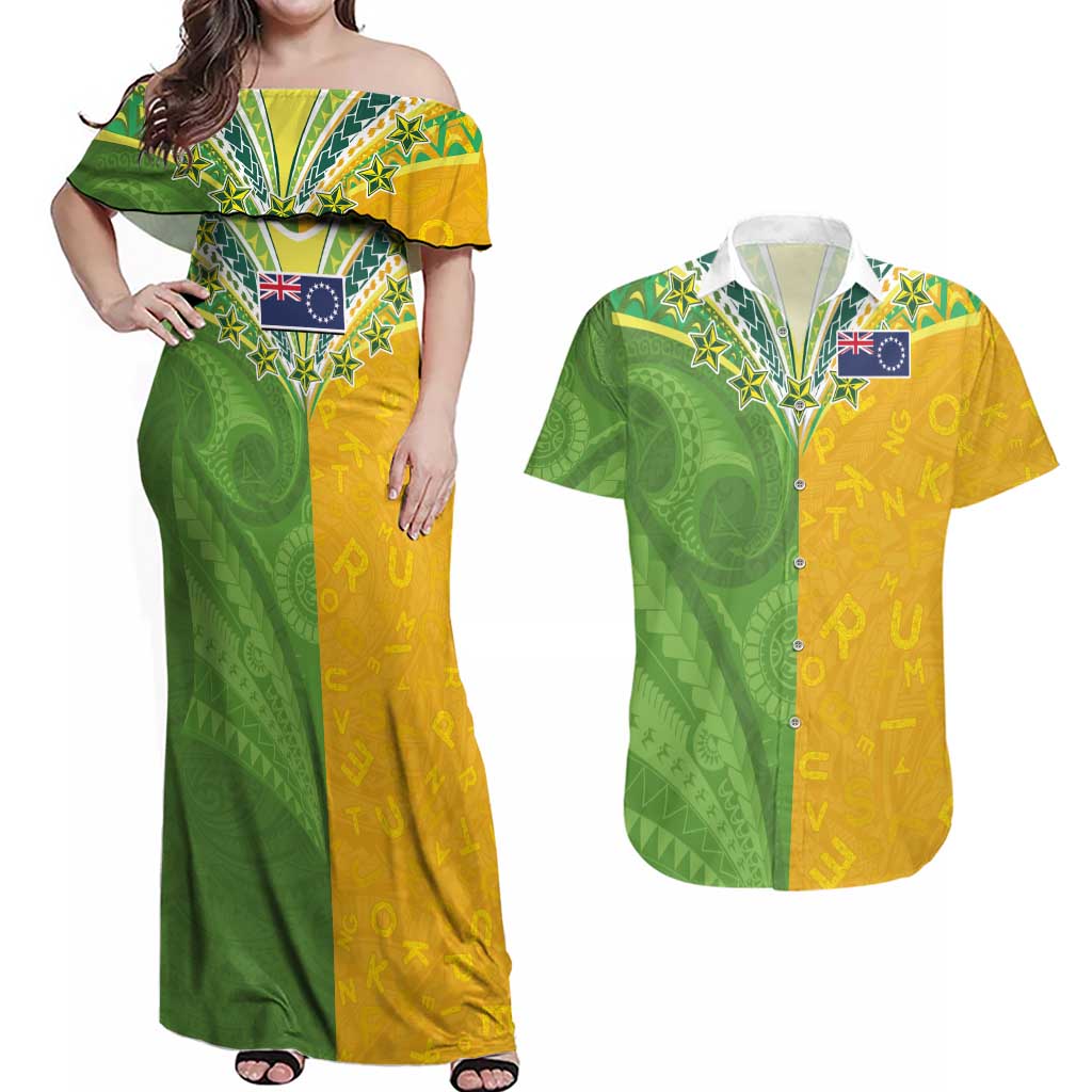 Cook Islands Language Week Couples Matching Off Shoulder Maxi Dress and Hawaiian Shirt Tatau Pattern and Rarotongan Alphabet LT03 Green - Polynesian Pride