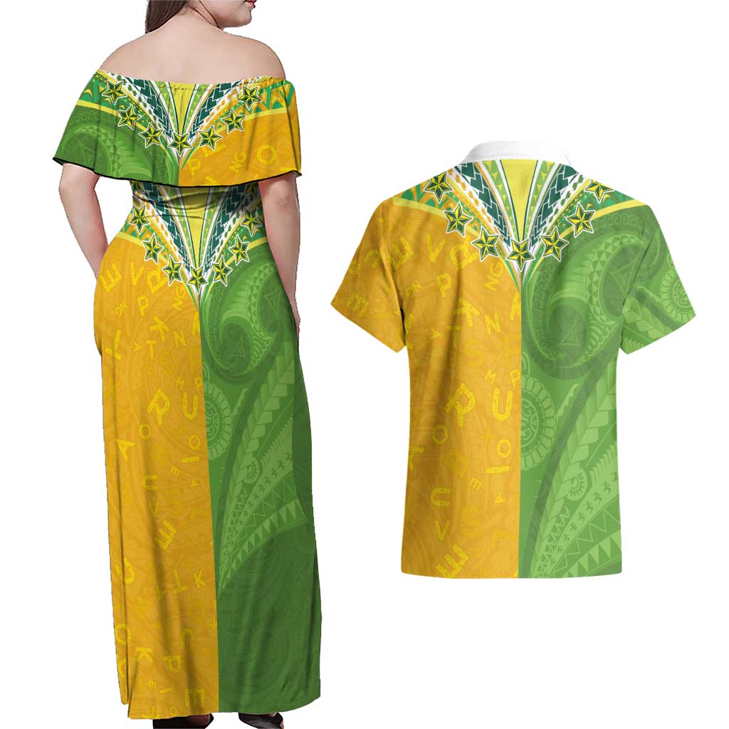 Cook Islands Language Week Couples Matching Off Shoulder Maxi Dress and Hawaiian Shirt Tatau Pattern and Rarotongan Alphabet LT03 - Polynesian Pride