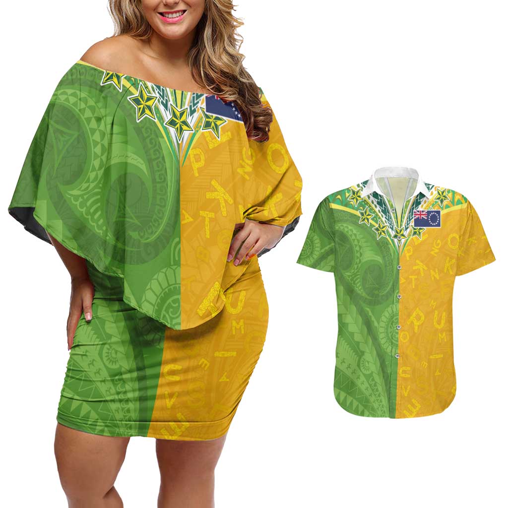 Cook Islands Language Week Couples Matching Off Shoulder Short Dress and Hawaiian Shirt Tatau Pattern and Rarotongan Alphabet LT03 Green - Polynesian Pride