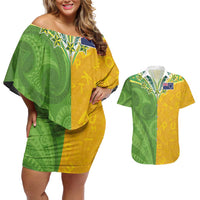 Cook Islands Language Week Couples Matching Off Shoulder Short Dress and Hawaiian Shirt Tatau Pattern and Rarotongan Alphabet LT03 Green - Polynesian Pride