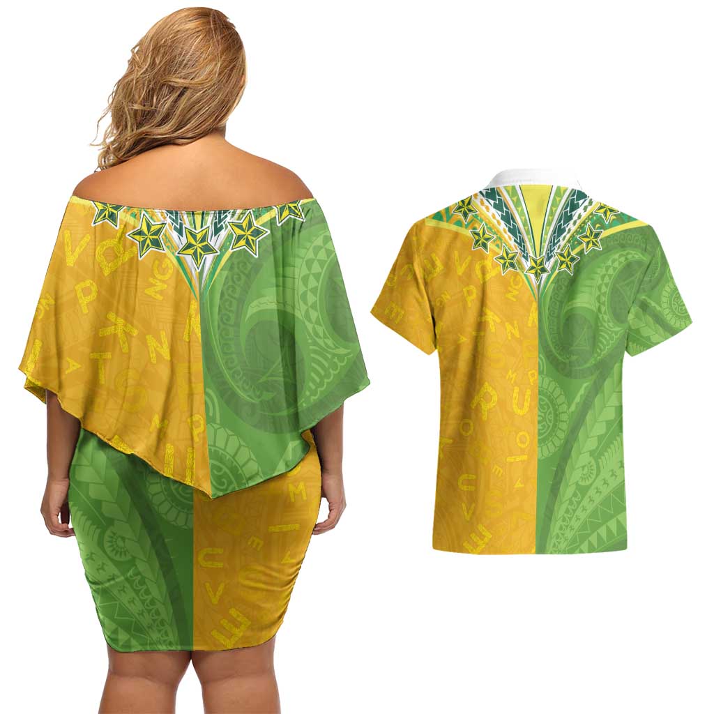 Cook Islands Language Week Couples Matching Off Shoulder Short Dress and Hawaiian Shirt Tatau Pattern and Rarotongan Alphabet LT03 - Polynesian Pride