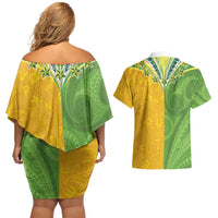 Cook Islands Language Week Couples Matching Off Shoulder Short Dress and Hawaiian Shirt Tatau Pattern and Rarotongan Alphabet LT03 - Polynesian Pride