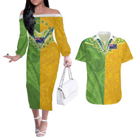 Cook Islands Language Week Couples Matching Off The Shoulder Long Sleeve Dress and Hawaiian Shirt Tatau Pattern and Rarotongan Alphabet LT03 Green - Polynesian Pride