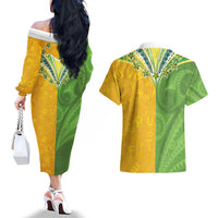 Cook Islands Language Week Couples Matching Off The Shoulder Long Sleeve Dress and Hawaiian Shirt Tatau Pattern and Rarotongan Alphabet LT03 - Polynesian Pride