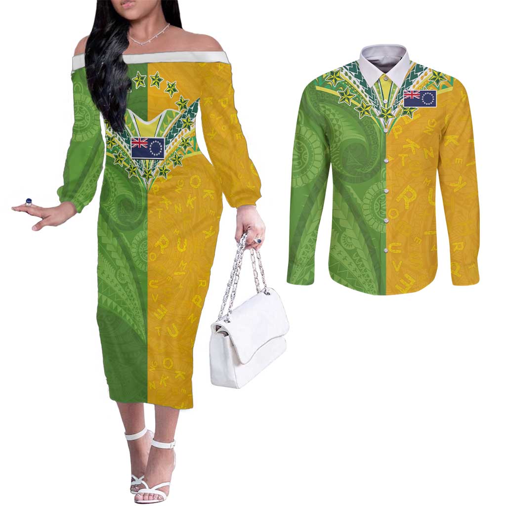 Cook Islands Language Week Couples Matching Off The Shoulder Long Sleeve Dress and Long Sleeve Button Shirt Tatau Pattern and Rarotongan Alphabet LT03 Green - Polynesian Pride
