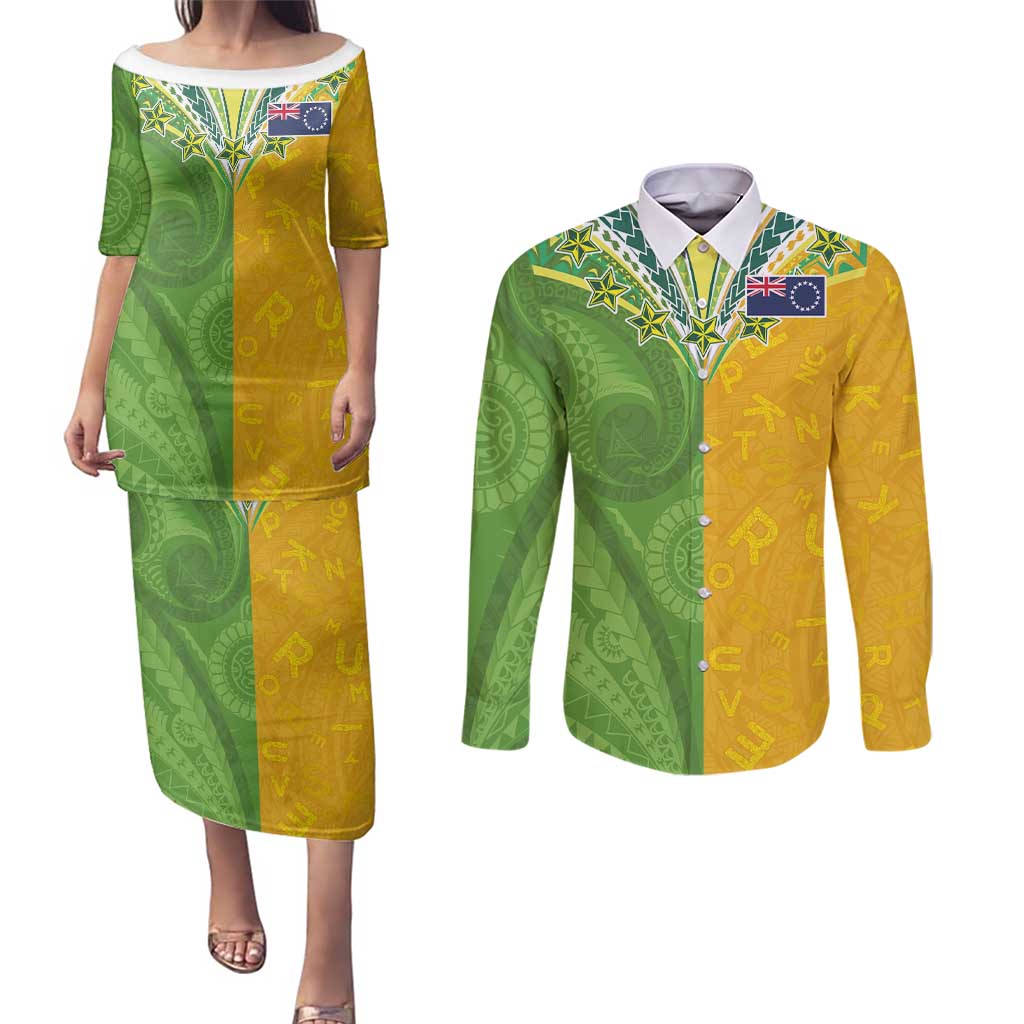 Cook Islands Language Week Couples Matching Puletasi and Long Sleeve Button Shirt Tatau Pattern and Rarotongan Alphabet - Polynesian Pride