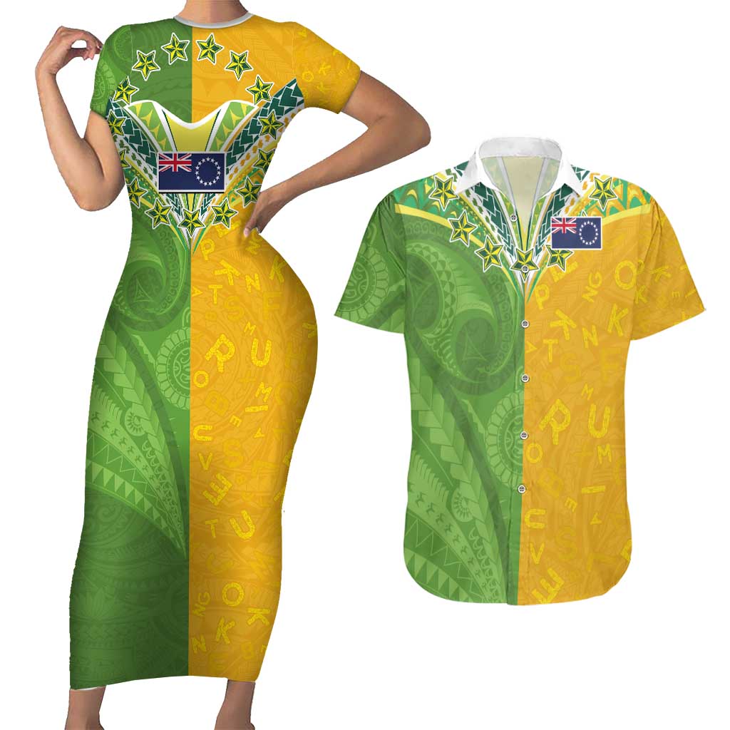 Cook Islands Language Week Couples Matching Short Sleeve Bodycon Dress and Hawaiian Shirt Tatau Pattern and Rarotongan Alphabet LT03 Green - Polynesian Pride