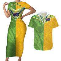 Cook Islands Language Week Couples Matching Short Sleeve Bodycon Dress and Hawaiian Shirt Tatau Pattern and Rarotongan Alphabet LT03 Green - Polynesian Pride
