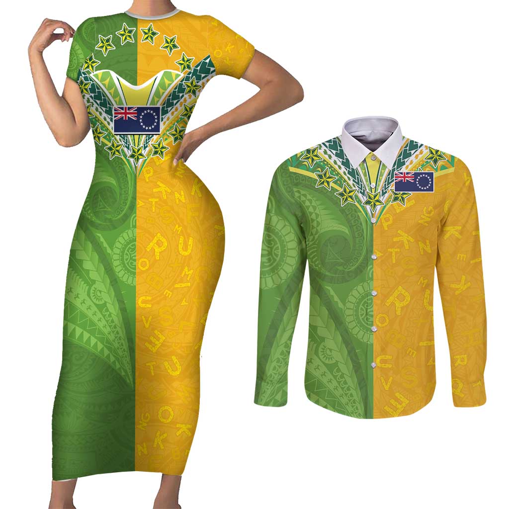 Cook Islands Language Week Couples Matching Short Sleeve Bodycon Dress and Long Sleeve Button Shirt Tatau Pattern and Rarotongan Alphabet LT03 Green - Polynesian Pride