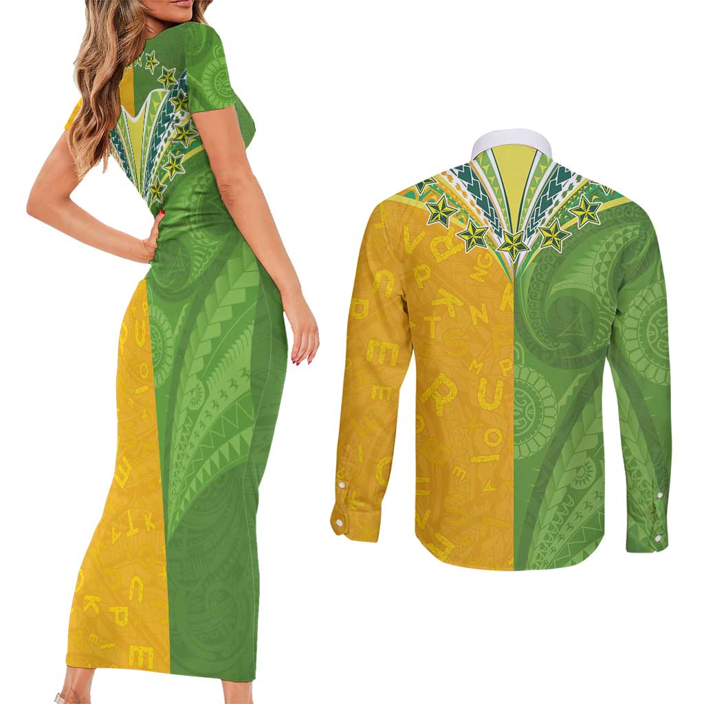 Cook Islands Language Week Couples Matching Short Sleeve Bodycon Dress and Long Sleeve Button Shirt Tatau Pattern and Rarotongan Alphabet LT03 - Polynesian Pride