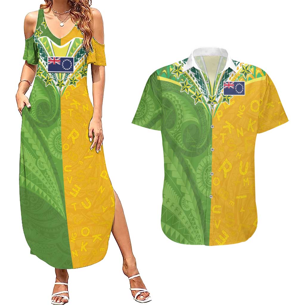 Cook Islands Language Week Couples Matching Summer Maxi Dress and Hawaiian Shirt Tatau Pattern and Rarotongan Alphabet LT03 Green - Polynesian Pride