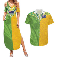 Cook Islands Language Week Couples Matching Summer Maxi Dress and Hawaiian Shirt Tatau Pattern and Rarotongan Alphabet LT03 Green - Polynesian Pride