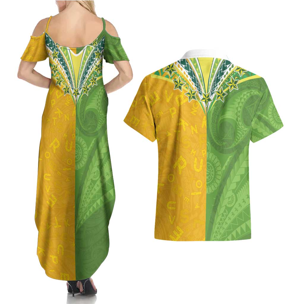 Cook Islands Language Week Couples Matching Summer Maxi Dress and Hawaiian Shirt Tatau Pattern and Rarotongan Alphabet LT03 - Polynesian Pride